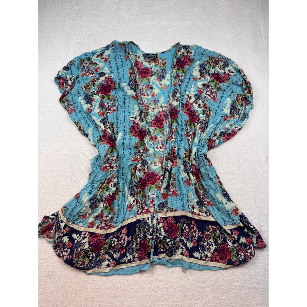 Angie Floral Kimono Cardigan Turquoise Blue Boho Rayon Open Front Wrap Large